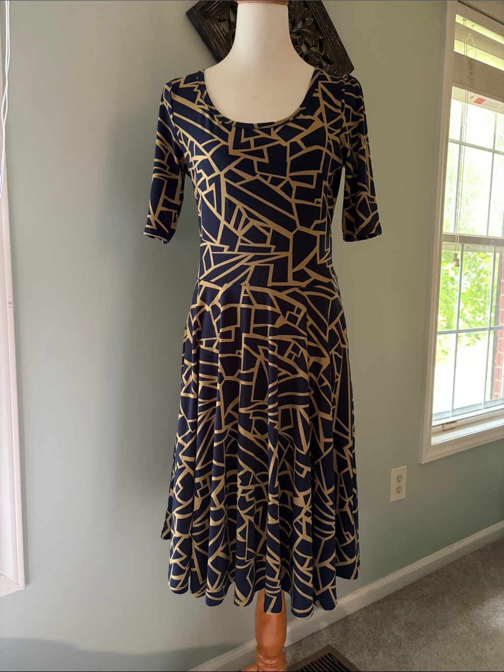 LuLaRoe Navy and Tan Geometric Midi Fit & Flare Dress